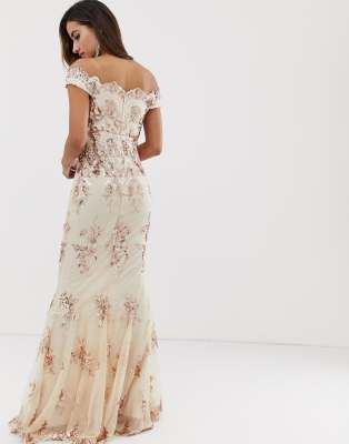 goddiva off shoulder bardot placement lace maxi dress in blush and gold