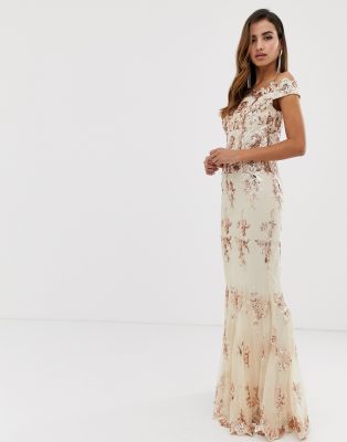 goddiva off shoulder bardot placement lace maxi dress in black and gold