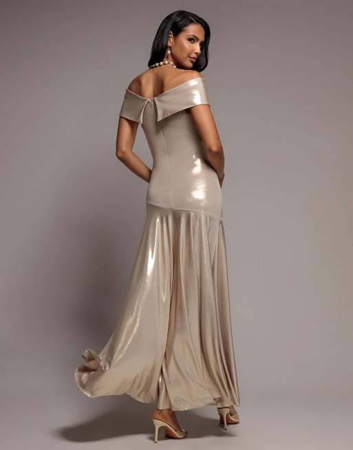 Goddiva Off shoulder bardot pleated foil maxi dress in gold, 2 of 4
