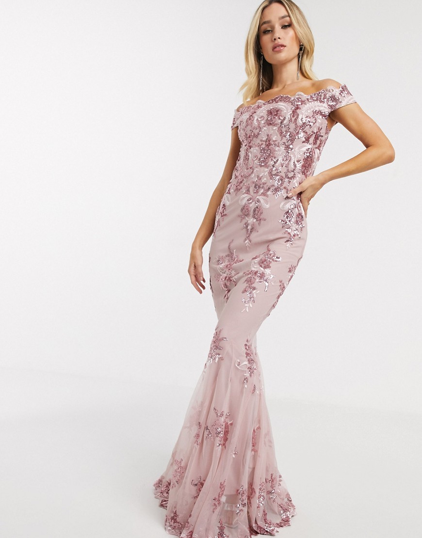 Goddiva off shoulder embellished sequin dress in rose pink