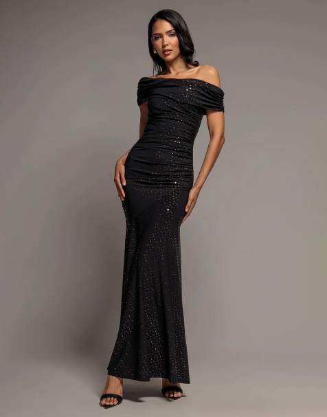 Goddiva off shoulder fit and flare sequin maxi dress in black copper - view 1