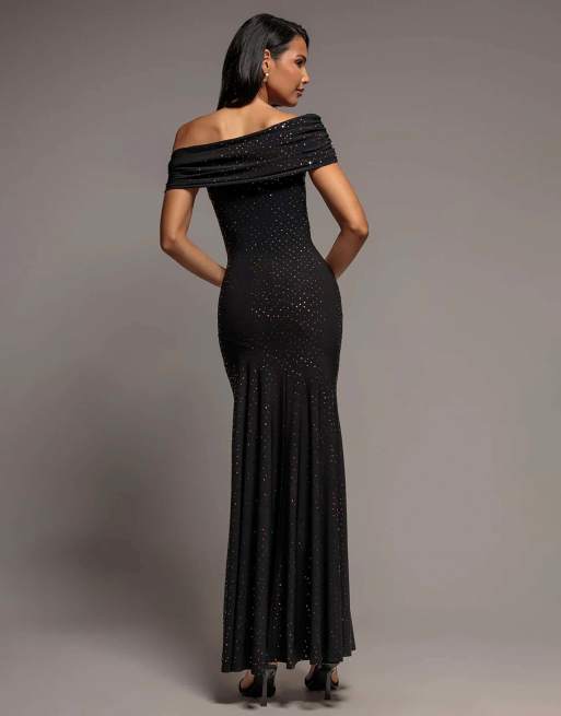Goddiva off shoulder fit and flare sequin maxi dress in black copper, 2 of 4