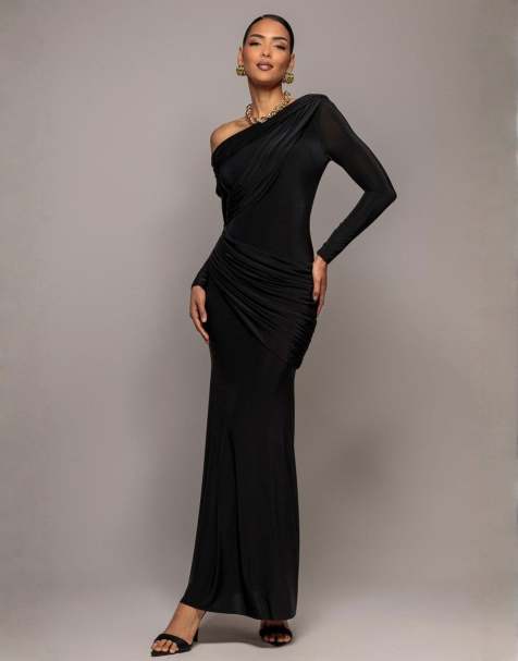 Goddiva Off shoulder gathered panel soft touch maxi dress in black - view 1