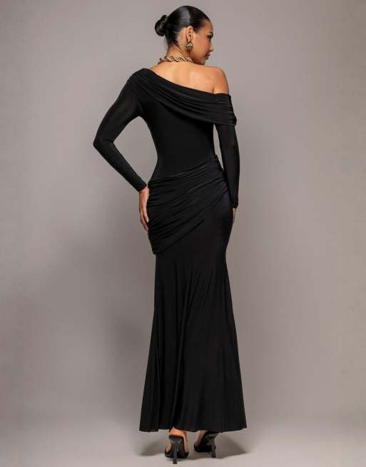 Goddiva Off shoulder gathered panel soft touch maxi dress in black, 2 of 4