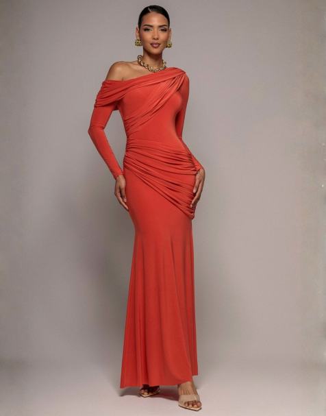 Goddiva Off shoulder gathered panel soft touch maxi dress in burntorange - view 1