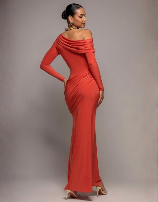 Goddiva Off shoulder gathered panel soft touch maxi dress in burntorange, 2 of 4