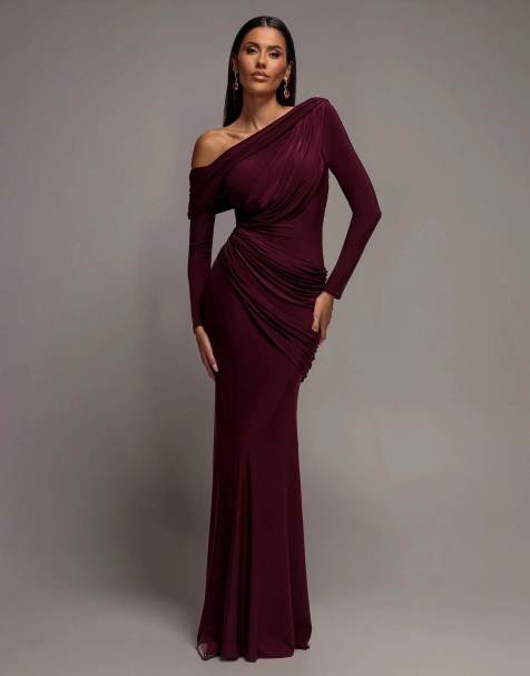 Goddiva Off shoulder gathered panel soft touch maxi dress in plum
