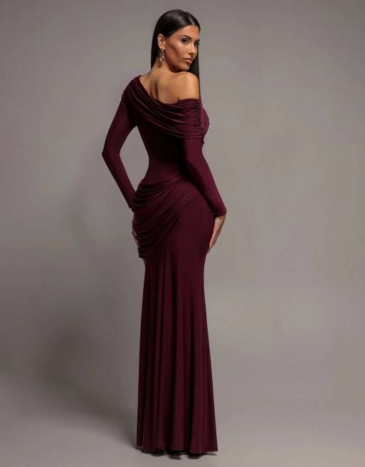 Goddiva Off shoulder gathered panel soft touch maxi dress in plum, 2 of 4