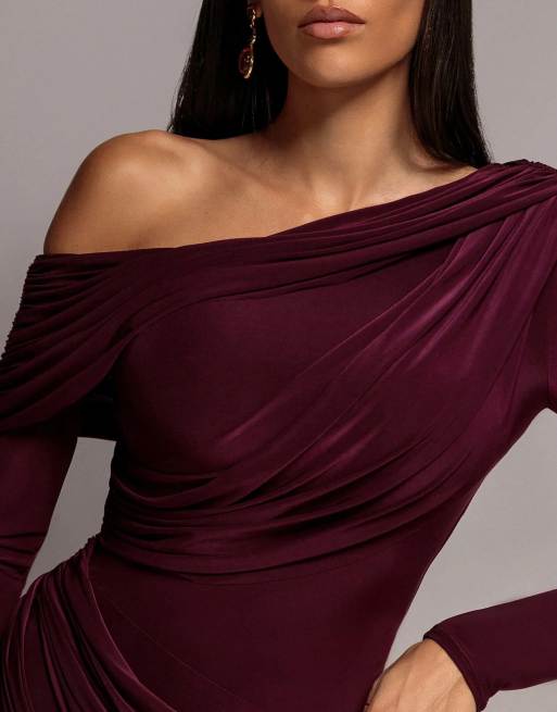 Goddiva Off shoulder gathered panel soft touch maxi dress in plum, 3 of 4