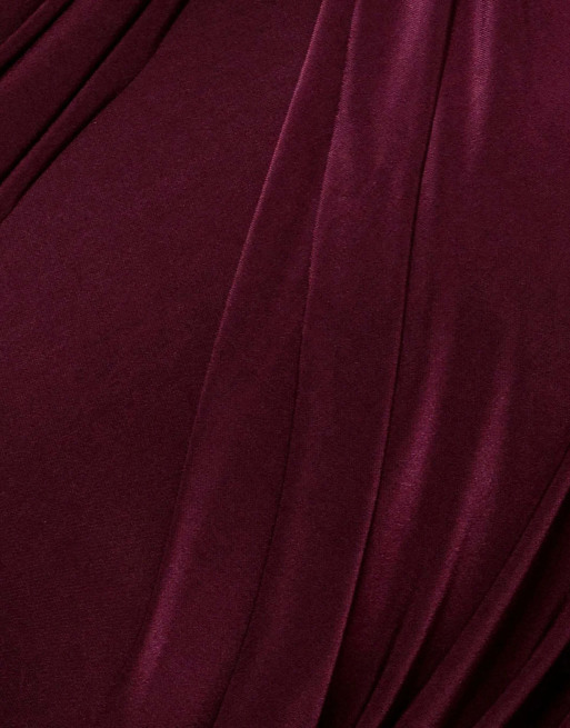 Goddiva Off shoulder gathered panel soft touch maxi dress in plum, 4 of 4