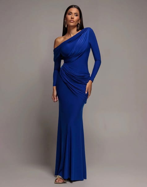 Goddiva Off shoulder gathered panel soft touch maxi dress in royalblue - view 1