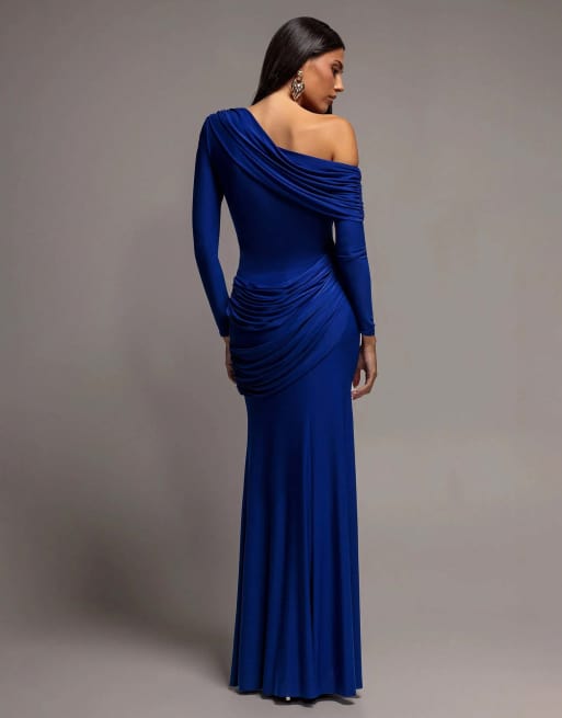 Goddiva Off shoulder gathered panel soft touch maxi dress in royalblue, 2 of 4