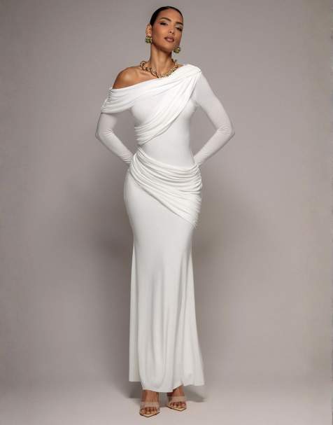 Goddiva Off shoulder gathered panel soft touch maxi dress in white - view 1