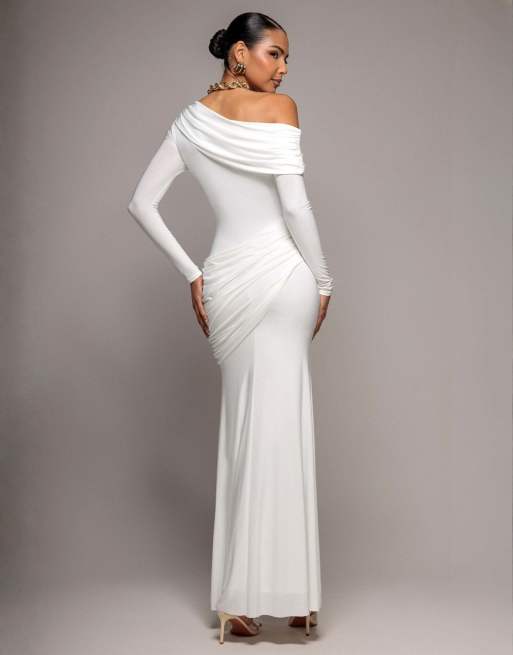 Goddiva Off shoulder gathered panel soft touch maxi dress in white, 2 of 4
