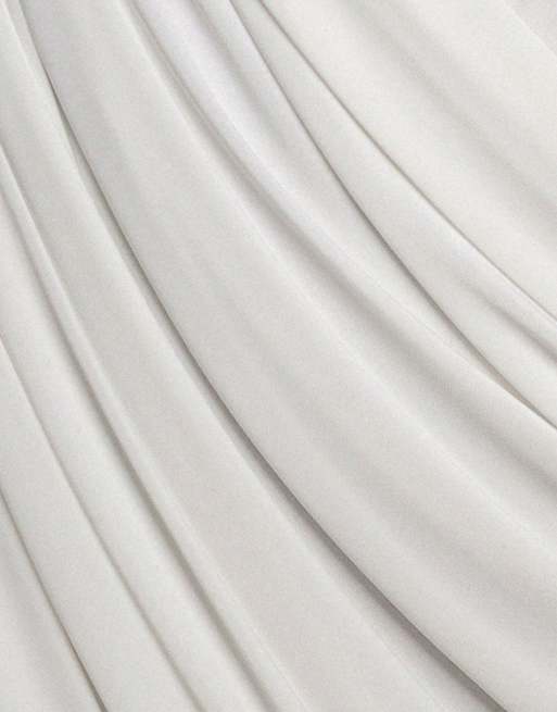 Goddiva Off shoulder gathered panel soft touch maxi dress in white, 4 of 4
