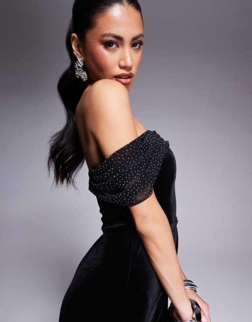 Goddiva Off shoulder hotfix diamante wing velvet maxi dress in black, 2 of 4