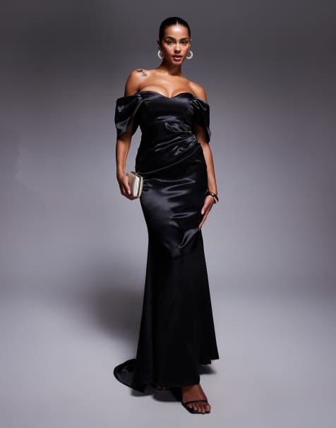 Goddiva Off shoulder satin maxi with v neck in black - view 1