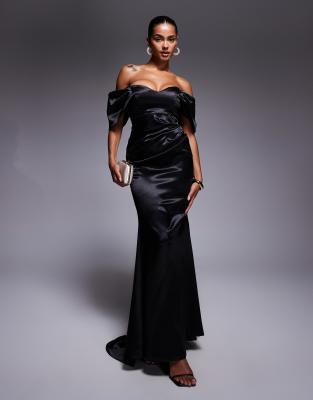 Goddiva Off shoulder satin maxi with v neck in black