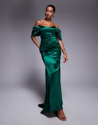 Goddiva Off shoulder satin maxi with v neck in emerald-Green