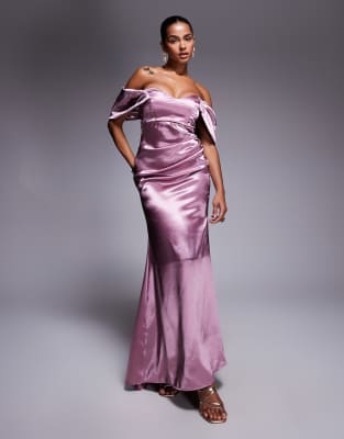 Goddiva Off shoulder satin maxi with v neck in rosepink - view 1