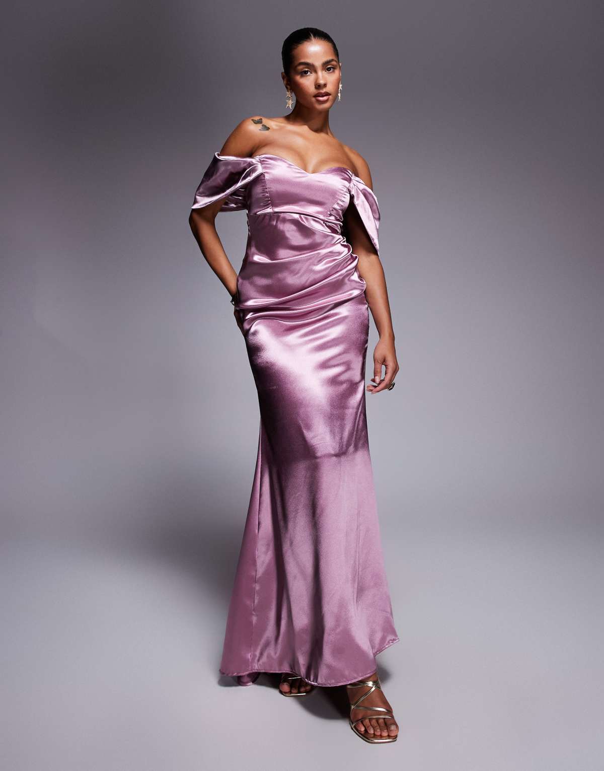 Goddiva Off shoulder satin maxi with v neck in rosepink