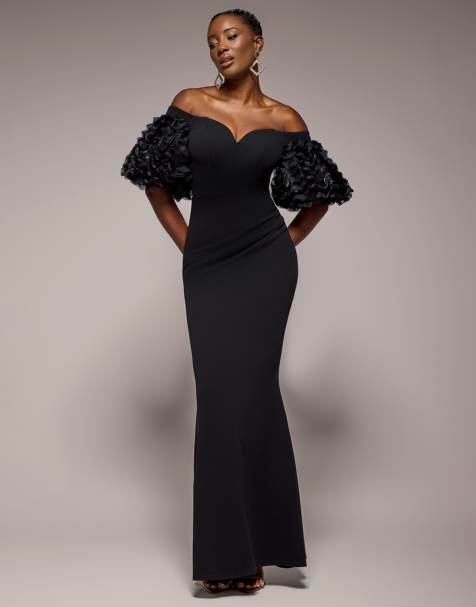 Goddiva Off the shoulder 3d puffed sleeve sweetheart maxi dress in black