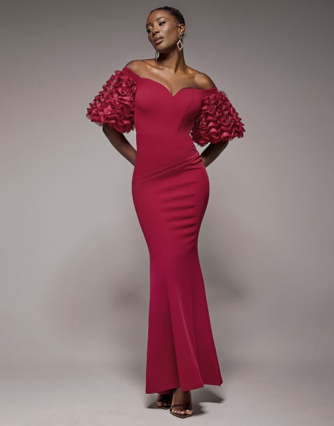 Goddiva Off the shoulder 3d puffed sleeve sweetheart maxi dress in burgundy