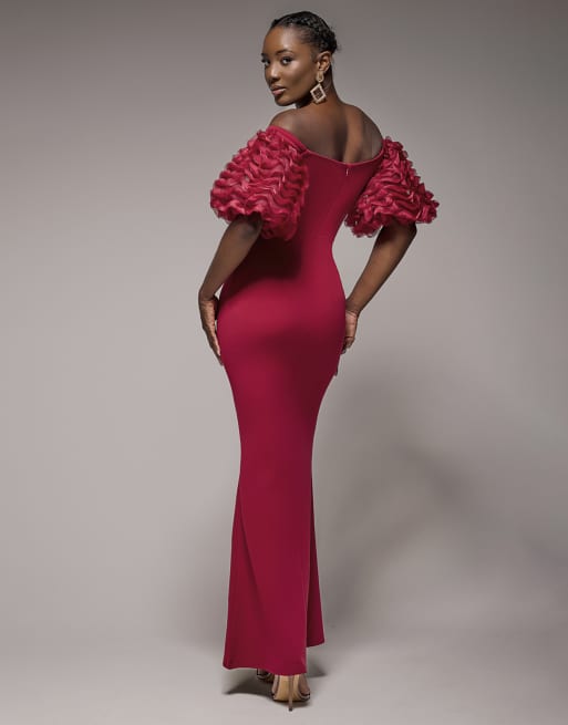 Goddiva Off the shoulder 3d puffed sleeve sweetheart maxi dress in burgundy  | ASOS