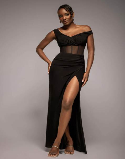 Goddiva Off the shoulder corset waist mesh wrap skirt soft touch maxi dress in black - view 1