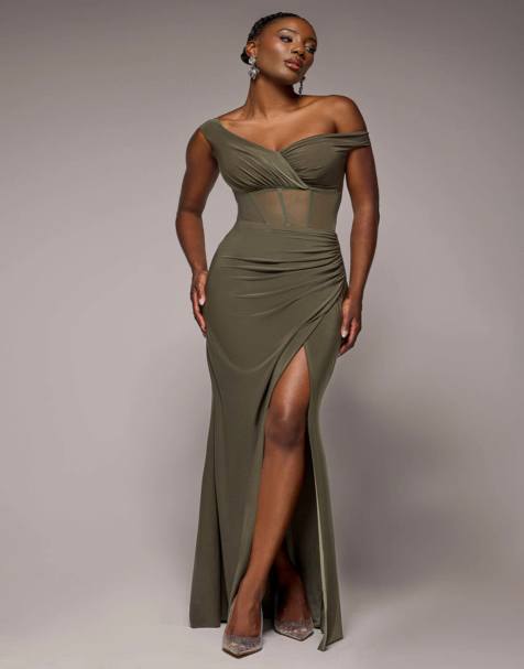 Goddiva Off the shoulder corset waist mesh wrap skirt soft touch maxi dress in khaki - view 1