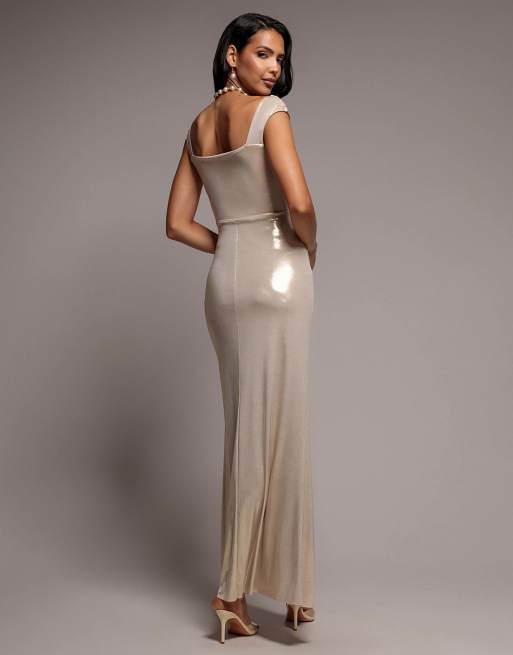 Goddiva Off the shoulder corset wrap corset foil maxi dress in gold, 2 of 4