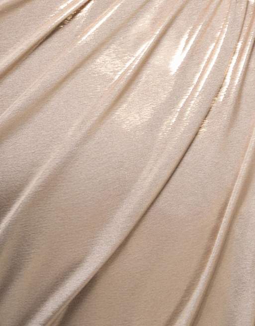 Goddiva Off the shoulder corset wrap corset foil maxi dress in gold, 4 of 4