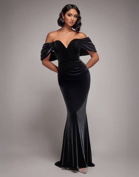 Goddiva Off the shoulder deep plunge velvet maxi dress in black - view 1