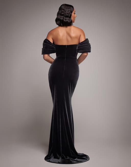 Goddiva Off the shoulder deep plunge velvet maxi dress in black, 2 of 4
