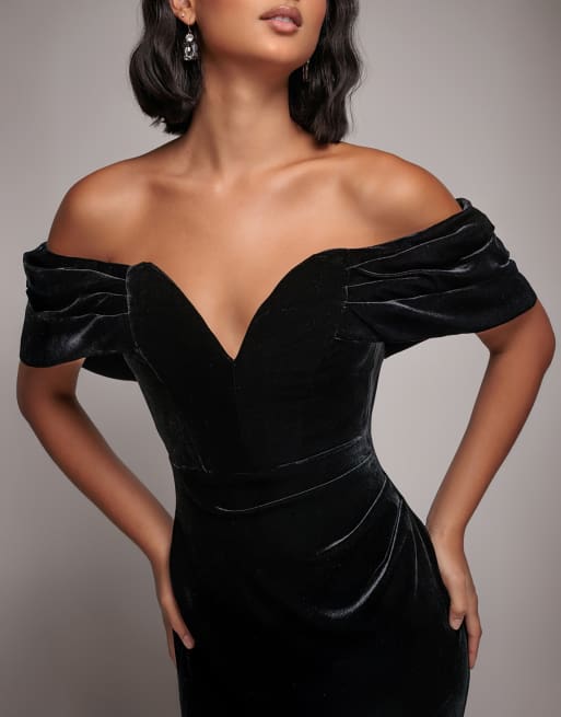 Goddiva Off the shoulder deep plunge velvet maxi dress in black, 4 of 4