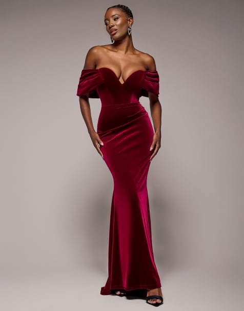 Goddiva Off the shoulder deep plunge velvet maxi dress in burgundy - view 1