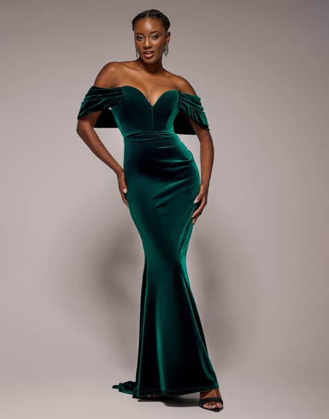 Goddiva Off the shoulder deep plunge velvet maxi dress in emerald
