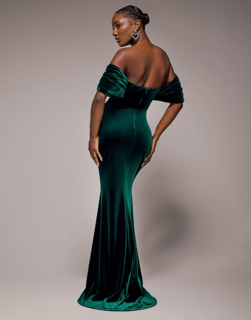 Goddiva Off the shoulder deep plunge velvet maxi dress in emerald, 4 of 4