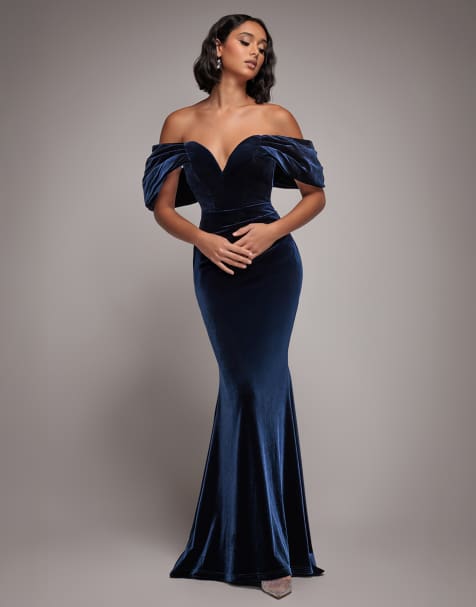 Goddiva Off the shoulder deep plunge velvet maxi dress in navy
