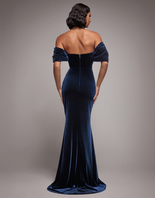 Goddiva Off the shoulder deep plunge velvet maxi dress in navy, 2 of 4