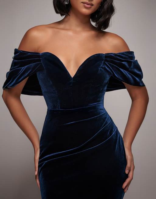 Goddiva Off the shoulder deep plunge velvet maxi dress in navy, 4 of 4