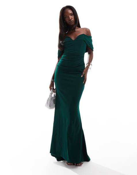 Goddiva Off The Shoulder Draped Sleeve Maxi Dress in Green - view 1
