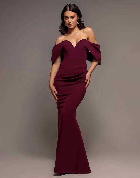 Goddiva Off the shoulder draped sleeve maxi dress in plum - view 1