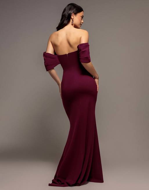 Goddiva Off the shoulder draped sleeve maxi dress in plum, 2 of 4