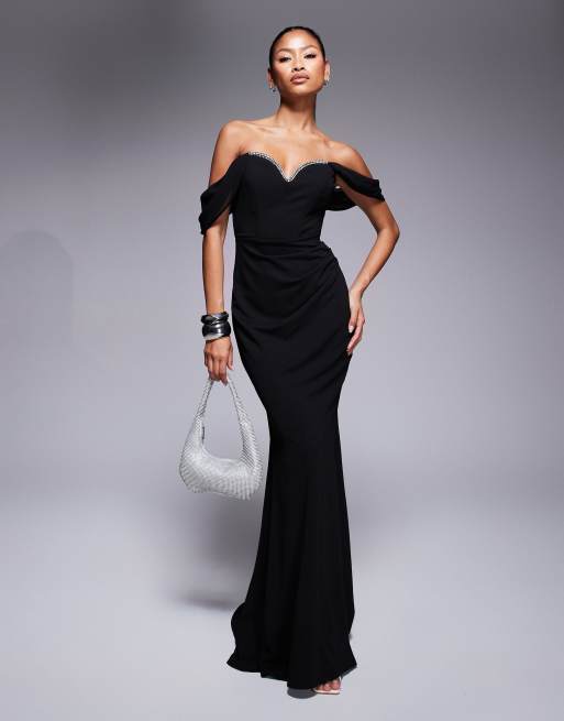 Goddiva Off the shoulder draped sleeve maxi dress with diamante neckline in black