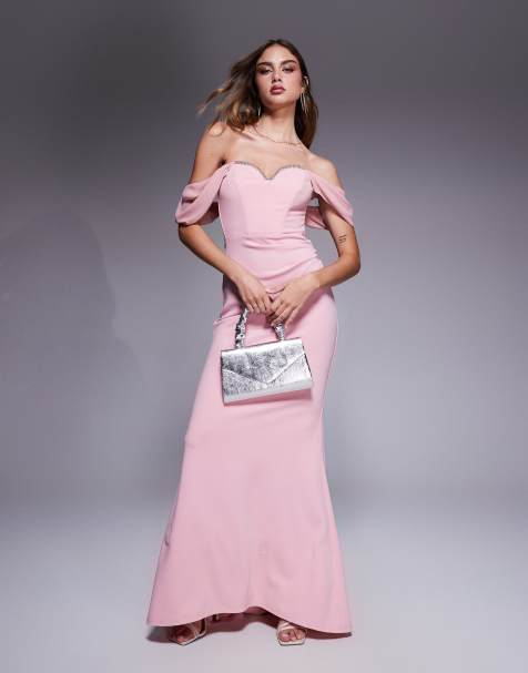 Goddiva Off the shoulder draped sleeve maxi dress with diamante neckline in blushpink