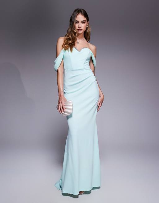 Goddiva Off the shoulder draped sleeve maxi dress with diamante neckline in mint