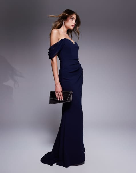 Goddiva Off the shoulder draped sleeve maxi dress with diamante neckline in navy