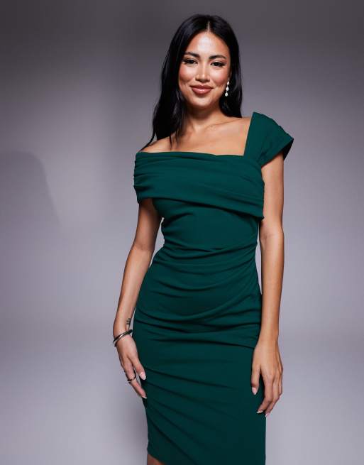 Goddiva Off the shoulder frill bodice midi dress in emeraldgreen, 3 of 4