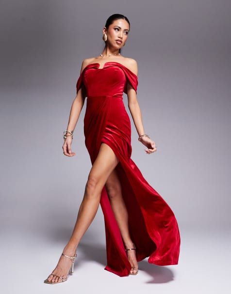 Goddiva Off the shoulder front split velvet maxi dress in red - view 1